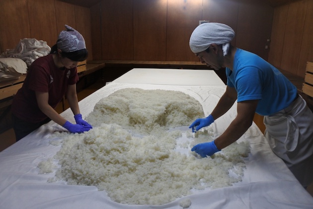 二人で麹造りの作業をする岡崎さん夫婦