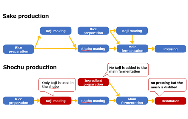 Simplified diagrams illustrating general production methods of sake and shochu