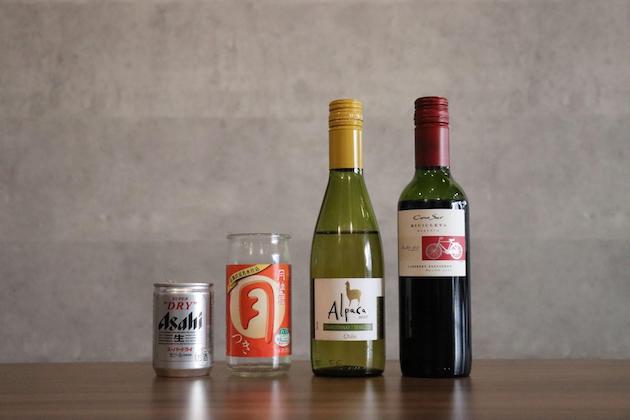 ビール、日本酒、白ワイン、赤ワイン