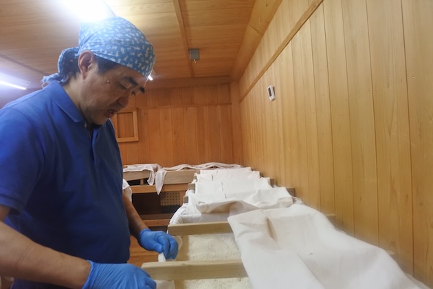 麹室で作業する様子