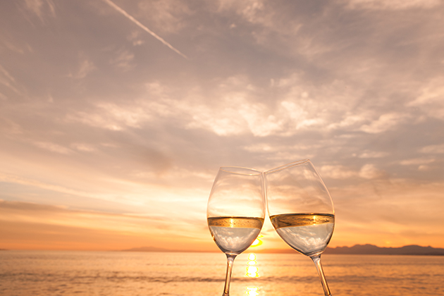 海辺でワイングラスを乾杯