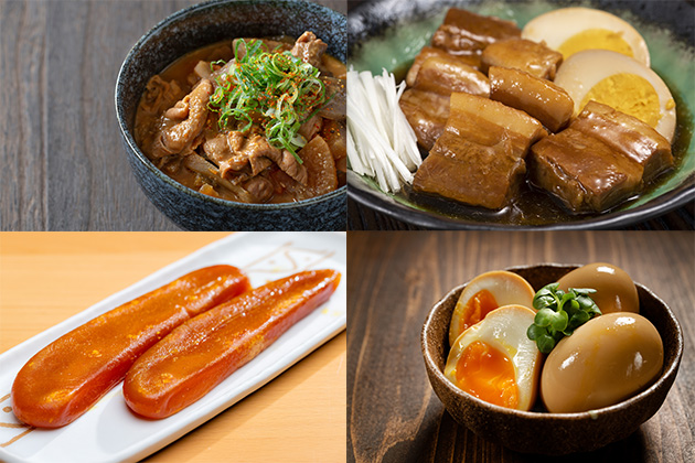 もつ煮込み、豚の角煮、からすみ、煮卵