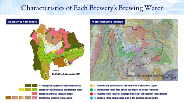 Geological features of Yamanashi Prefecture and the location of each sake brewery